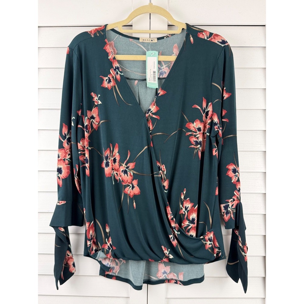 Beacon Imay Tie Sleeve Knit‎ Top XL Teal Green Floral Wrap Front NEW